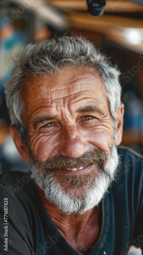 Elderly man with grey beard smiling. Close-up portrait photography. Human emotion and aging concept.