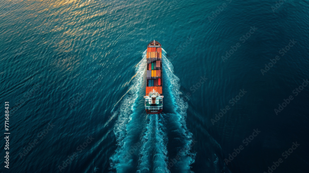An aerial shot capturing a large container ship laden with colorful cargo containers, navigating the blue ocean.