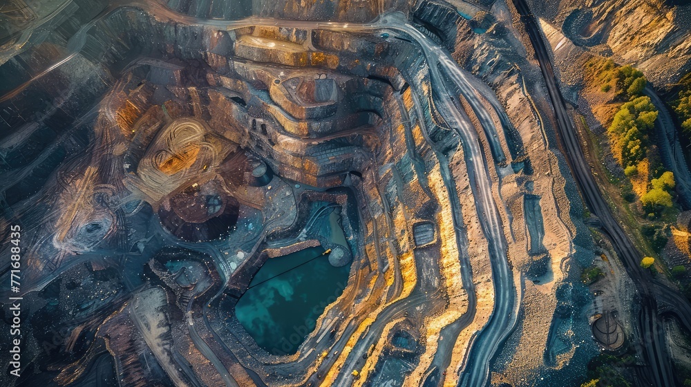 Aerial view of opencast mine, Coal mine, Gold mine, Diamond mine.