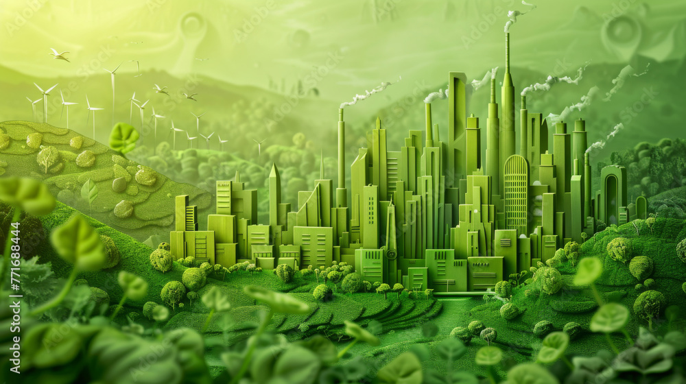 Artistic concept of a green city landscape with wind turbines and lush vegetation promoting sustainable urban life. Artistic concept of a green city landscape with wind turbines and lush vegetation promoting sustainable urban life.
