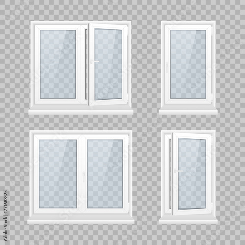Set of pvc realistic windows and metal roller blind on a transparent background. Set of closed window with transparent glass in a white frame. Plastic products. Rollerball blind. Vector illustration