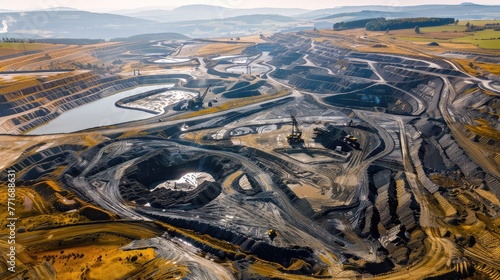 Aerial view of opencast mine, Coal mine, Gold mine, Diamond mine.