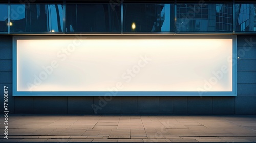 Closeup horizontal billboard blank mockup on the wall of a modern city business building