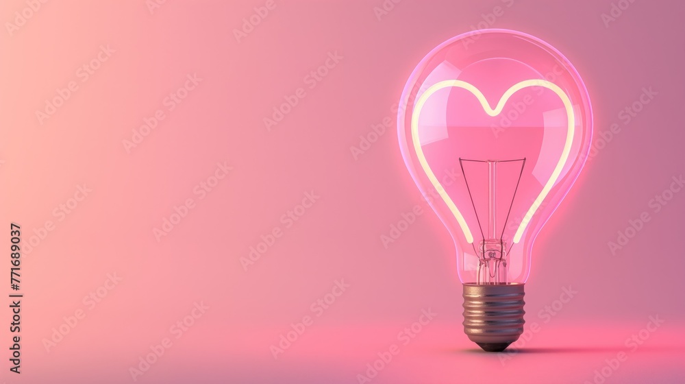Light bulb with a heart shape glowing filament on a pink background, Valentine day concept Light bulb with a heart shape glowing filament on a pink background, Valentine day concept