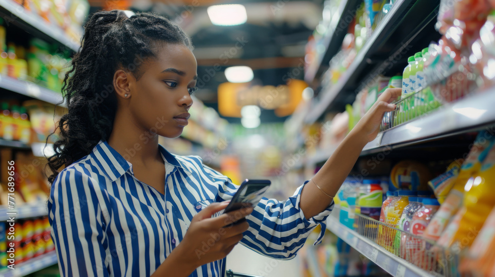 A woman compares products on a supermarket shelf while using a smartphone.