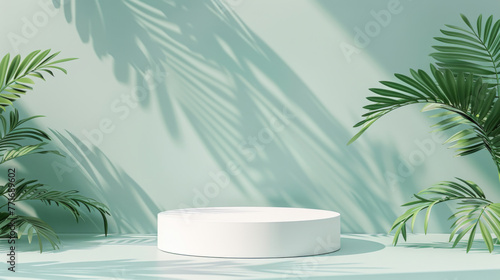 A calming green pedestal with tropical palm leaf shadows for relaxed product showcasing.