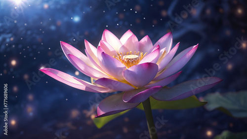 Glowing lotus on dark water surface