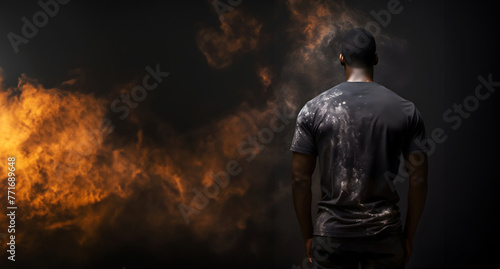 Man standing backwards in black T-shirt with white paint splatter on  patterned dark background with copy negative space, black male