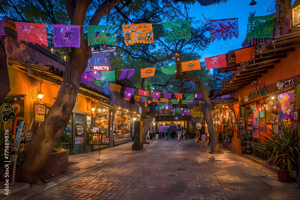 colorful Mexican paper flags hanging from trees 