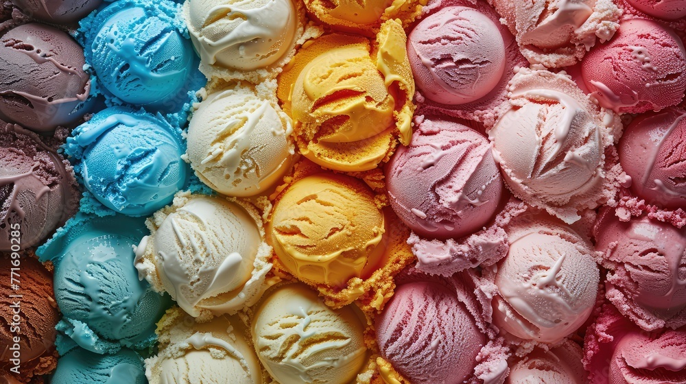 Array of colorful ice cream scoops