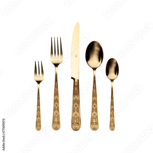 Golden knife fork spoon set gold tableware cutlery isolated on transparent background