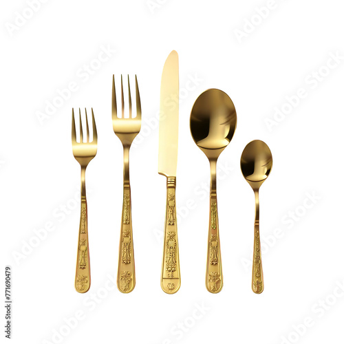 Golden knife fork spoon set gold tableware cutlery isolated on transparent background