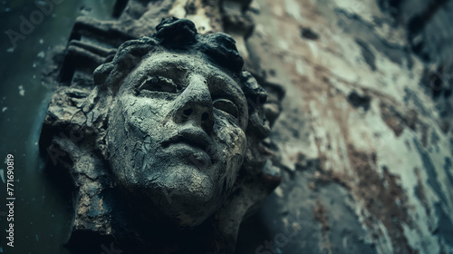 A close-up of a weathered stone sculpture of a face, eroded by time, adorning an ancient wall.