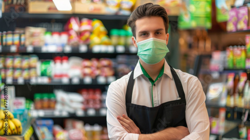 A supermarket worker in a checkered shirt and black apron stands confidently with arms crossed, wearing a green mask in front of grocery shelves.