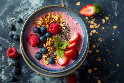 Berry and Seed Smoothie Bowl - A nutritious berry smoothie, decorated with sliced fruit, chia seeds, and granola