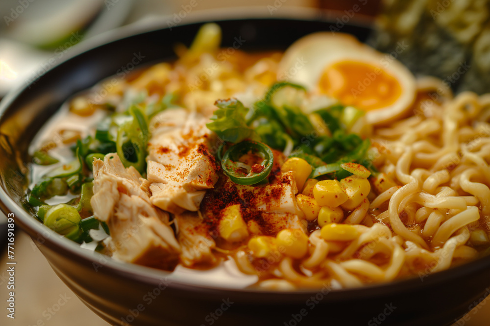 Chicken and Vegetable Ramen - A deep bowl of Japanese ramen with a rich broth, noodles, chicken pieces, green onions, corn, and slices of boiled egg Chicken and Vegetable Ramen - A deep bowl of Japanese ramen with a rich broth, noodles, chicken pieces, green onions, corn, and slices of boiled egg