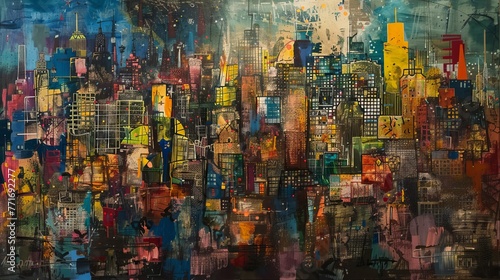 skyline of a huge city, abstract expressionism, 16:9