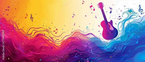 music background with iconic music symbols. on a vibrant rainbow gradient backdrop. colorful paint splash. photo