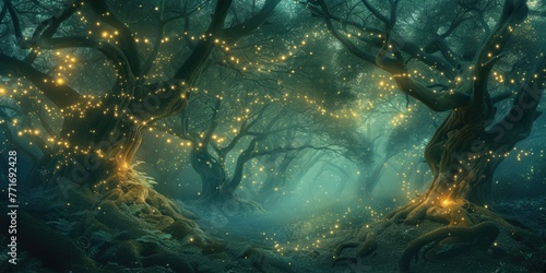 An ethereal twilight scene in a mystical forest, with trees adorned by warm glowing lights and a carpet of blue flowers under a starry sky. Resplendent.