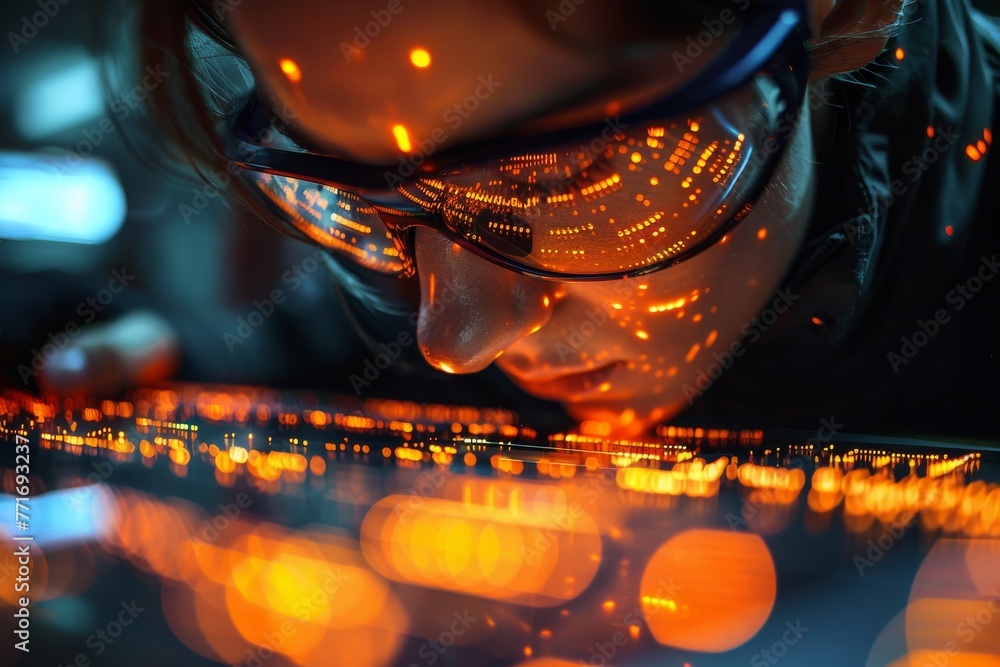 An individual focusing on a screen with code reflections on their glasses, signifying concentration and technology - obrazy, fototapety, plakaty 
