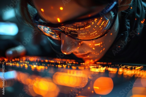 An individual focusing on a screen with code reflections on their glasses, signifying concentration and technology photo