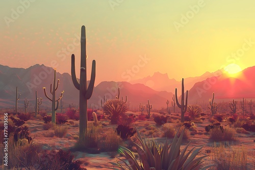 : A desert scene with towering cacti and a clear sunset
