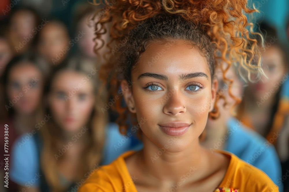 Concentrated woman with bright blue eyes and curly hair against blurred group of people, with focus on individuality