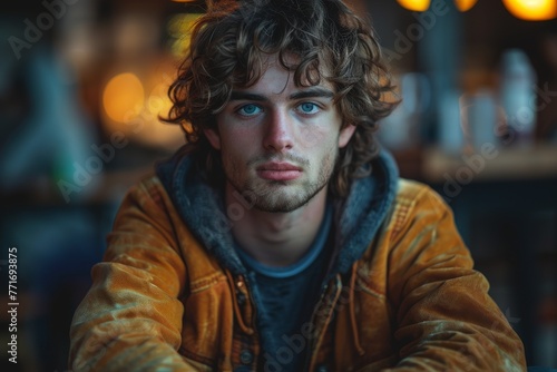 A portrait of a young man with intense blue eyes and curly hair, dressed in a brown leather jacket