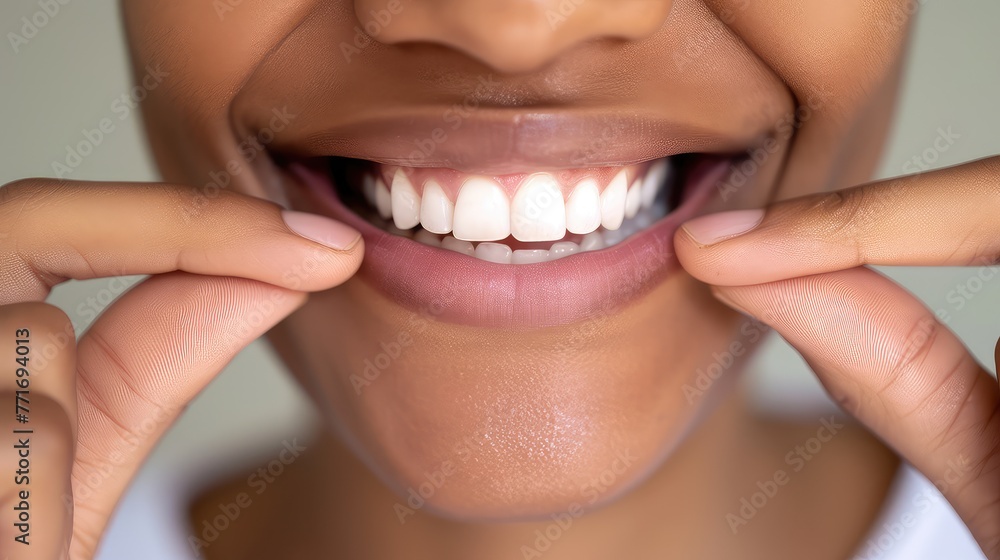 Obraz premium Young African American woman inserting a dental aligner. Close-up view. A smile in progress, powered by orthodontic aligners.