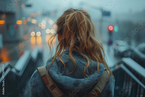 A woman with a backpack stares out into a bustling city illuminated by rain and streetlights, evoking a feeling of wanderlust and introspection