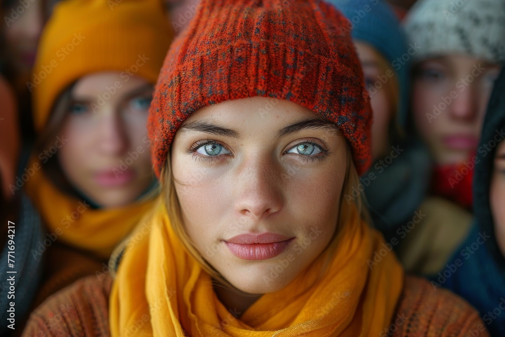 Portrait of a diverse group of young people with a young woman in a yellow hat as the focus Portrait of a diverse group of young people with a young woman in a yellow hat as the focus