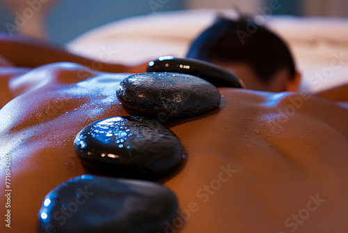 Massaggio con pietre calde, con le pietre posizionate strategicamente lungo la schiena del cliente per un effetto rilassante photo