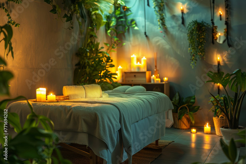 Sala massaggi professionale con lettino da massaggio, candele accese, piante verdi e luce soffusa, che creano un'atmosfera rilassante photo