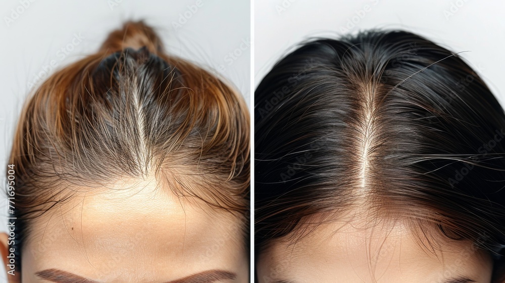 Obraz premium Comparative analysis of hair color transformation showcasing before and after results in hairstyling