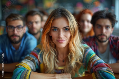 A smiling blonde woman in focus with a group of friends softly blurred