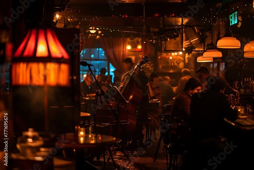 : A dimly lit jazz club with smoky-colored reflections of music, laughter, and socializing