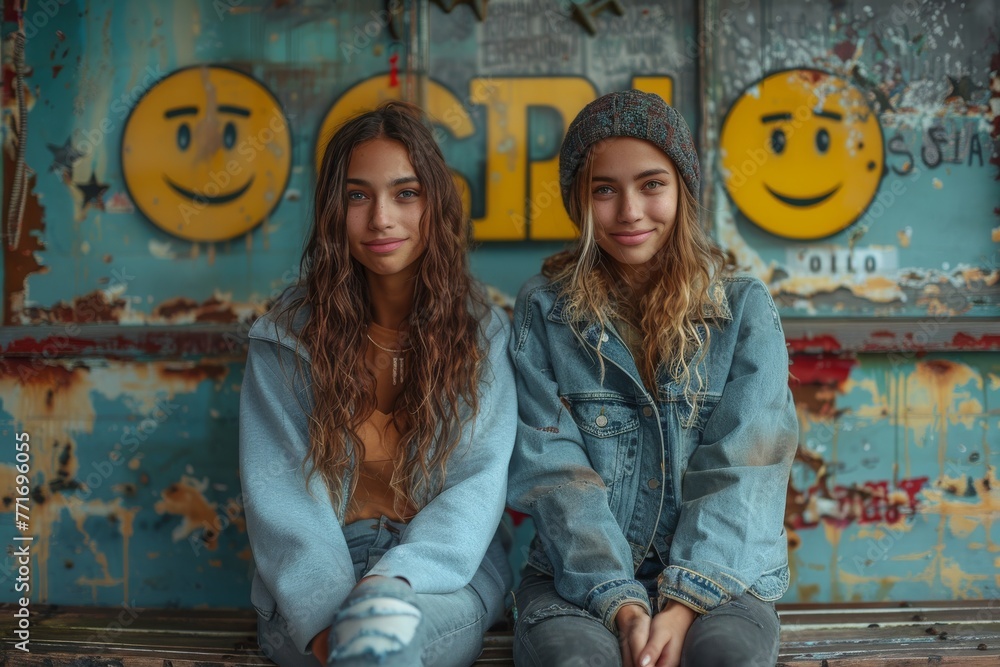Twin sisters in denim outfits posing with confidence in front of vintage smiling emoji signs