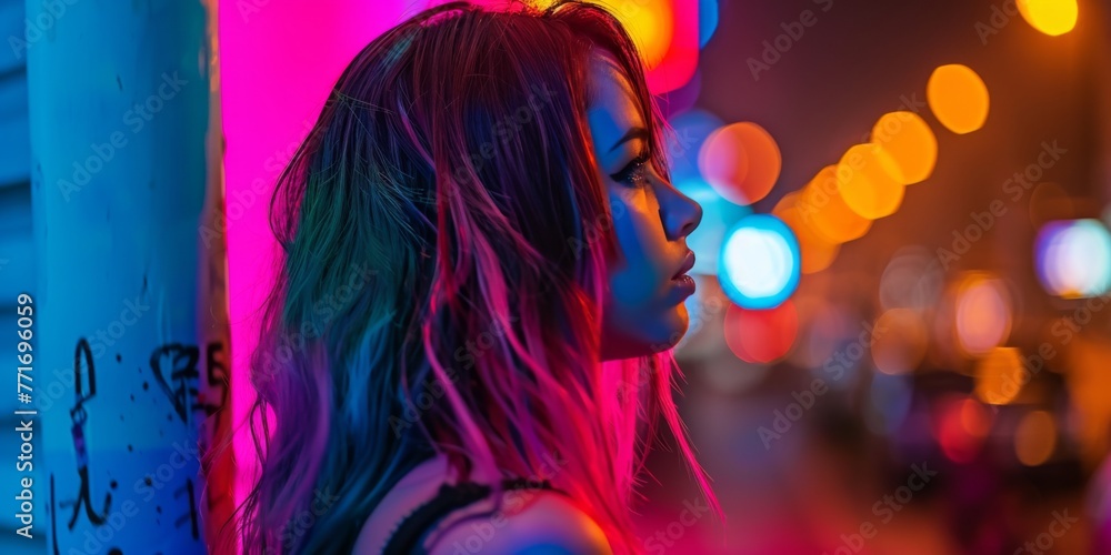 a woman looking over her shoulder with long colored and flowing hair, street photography, neon colors a woman looking over her shoulder with long colored and flowing hair, street photography, neon colors