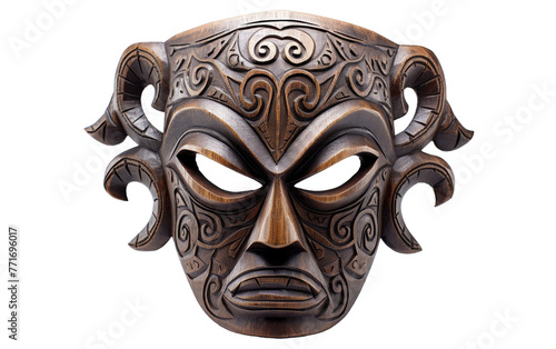 Intricately designed brown mask with ornate decorations in intricate patterns and motifs