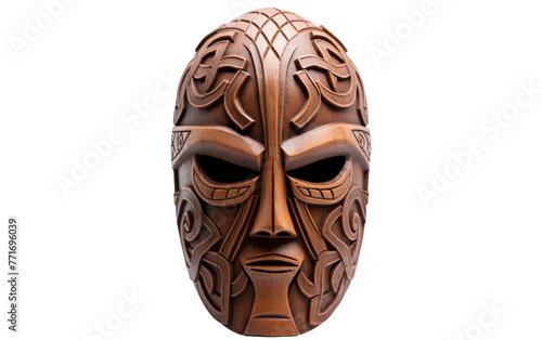 A brown mask with intricate designs, featuring detailed patterns and symbols