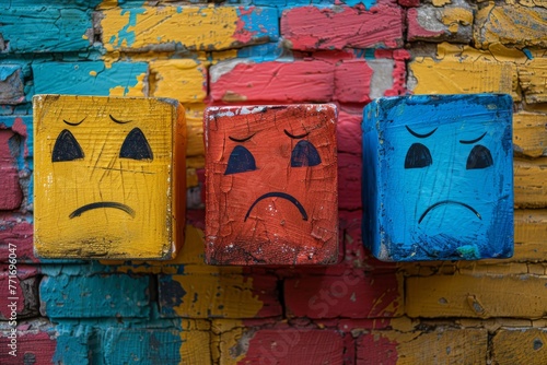 Three emoticon carved blocks painted in primary colors express sad, angry and indifferent emotions against a colorful brick wall background