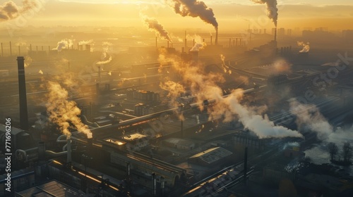 Aerial view of steel plant with smoke and air pollution, industrial area at sunset