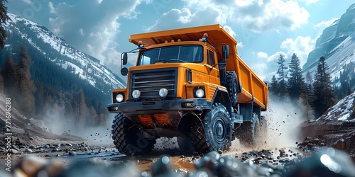Construction Transportation: A Dump Truck on a Dirt Road. Concept Construction, Transportation, Dump Truck, Dirt Road, Heavy Machinery