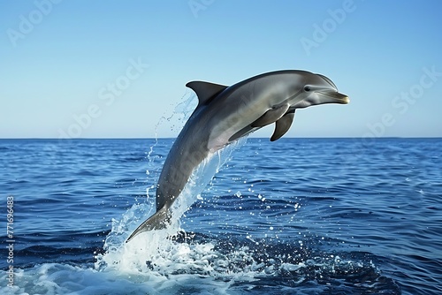 : A dolphin jumping out of the water, with a sense of joy and playfulness, under a clear blue sky © crescent