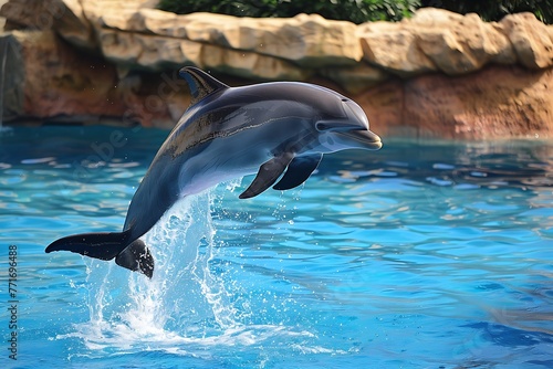 : A dolphin jumping out of the water, with a sense of joy and playfulness, under a clear blue sky