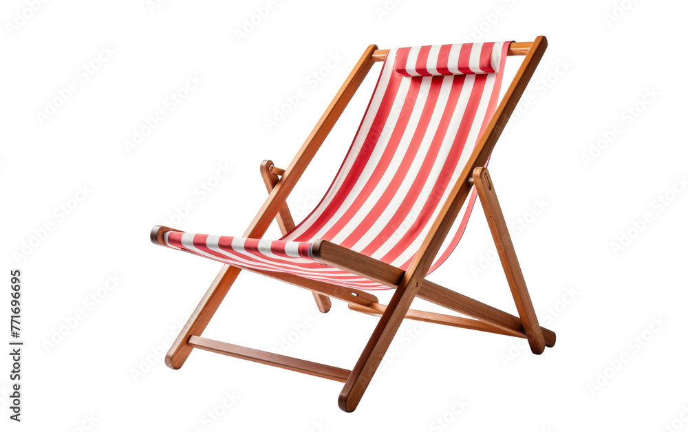 A vibrant red and white striped lawn chair stands out against a lush green garden backdrop