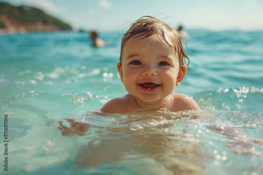 Cheerful baby swimming in the ocean; summer vacation; sunny weather; happy baby Cheerful baby swimming in the ocean; summer vacation; sunny weather; happy baby