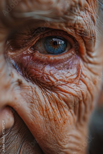 close-up of an elderly woman's face, wrinkles, skin marked by age and experience