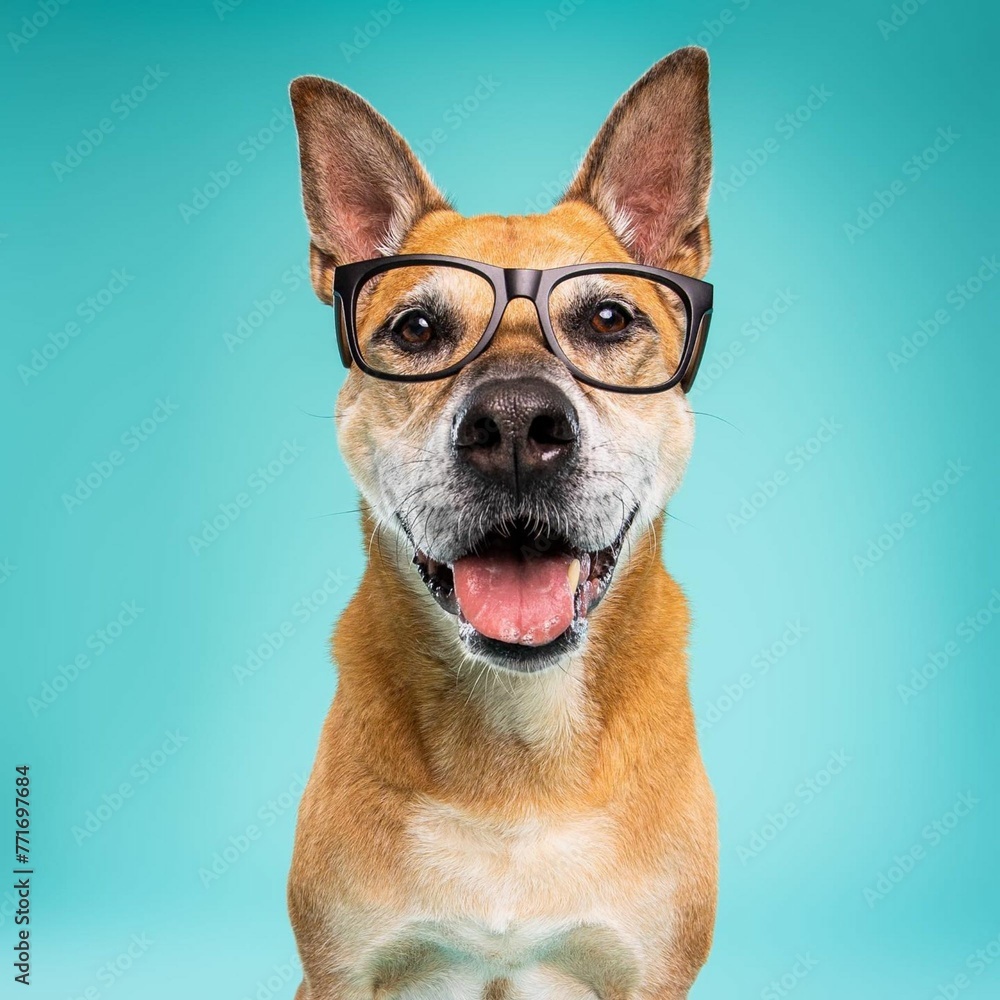 Beautiful Carolina dog isolated on turquoise background. looking at camera . front view. dog studio portrait.happy dog .dog isolated .puppy isolated .puppy closeup face,indoors.turquoise background .