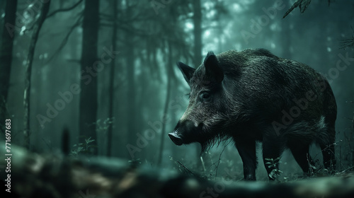 Wild boar in forest, side view, twilight, mysterious atmosphere, deep green tones photo